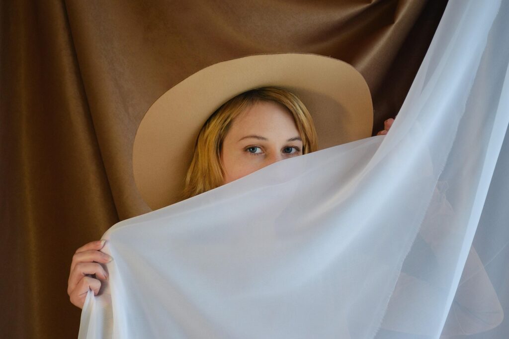 woman, hat, curtain, veil, fabric, view, female, eyes, feminine, portrait